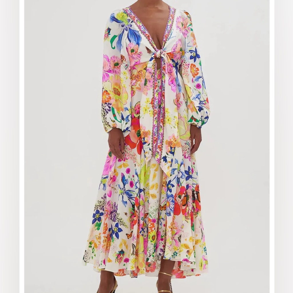 Camilla Fairy Gang Silk V-Neck Floral Long Sleeve Maxi Dress Xs!! Never Worn!!